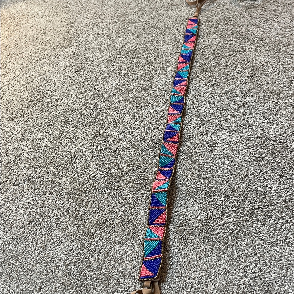 Vegan Leather Vibrant Turquoise Navy Coral and Bronze Beaded tie belt 64 inches - Picture 9 of 16